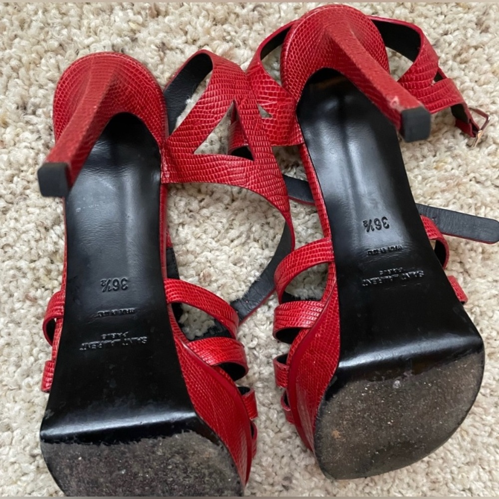 Saint Laurent Red Strappy Textured Leather Platform Heels - Picture 5 of 7